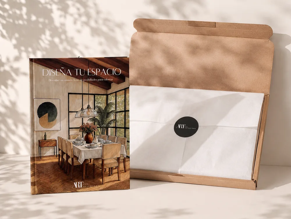 El libro Diseña tu Espacio junto a su paquete de envío abierto, con papel de seda y el sticker de Artful Interiors